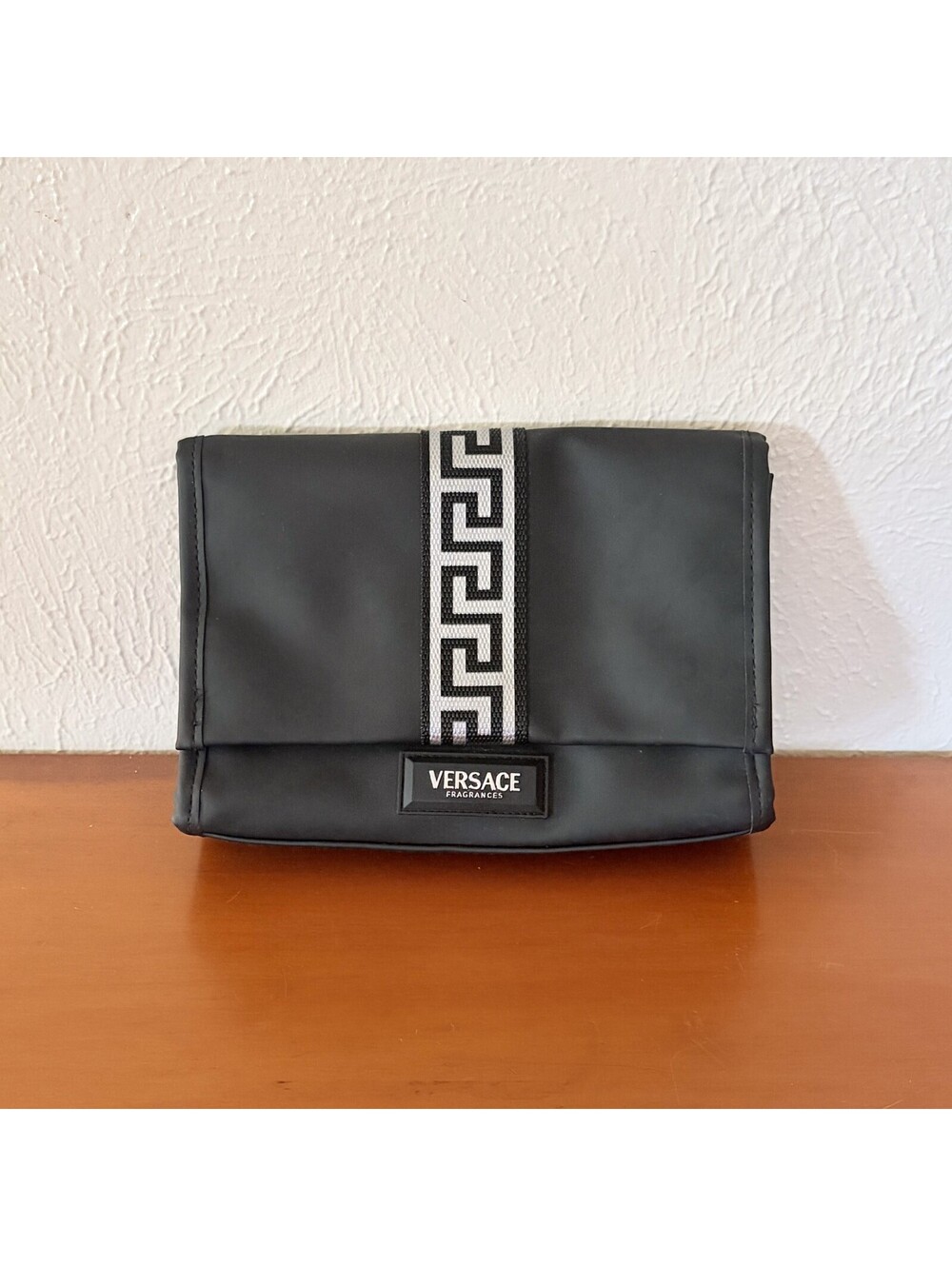 Versace Fragrances Black Toiletries Bag with Greek Key Pattern